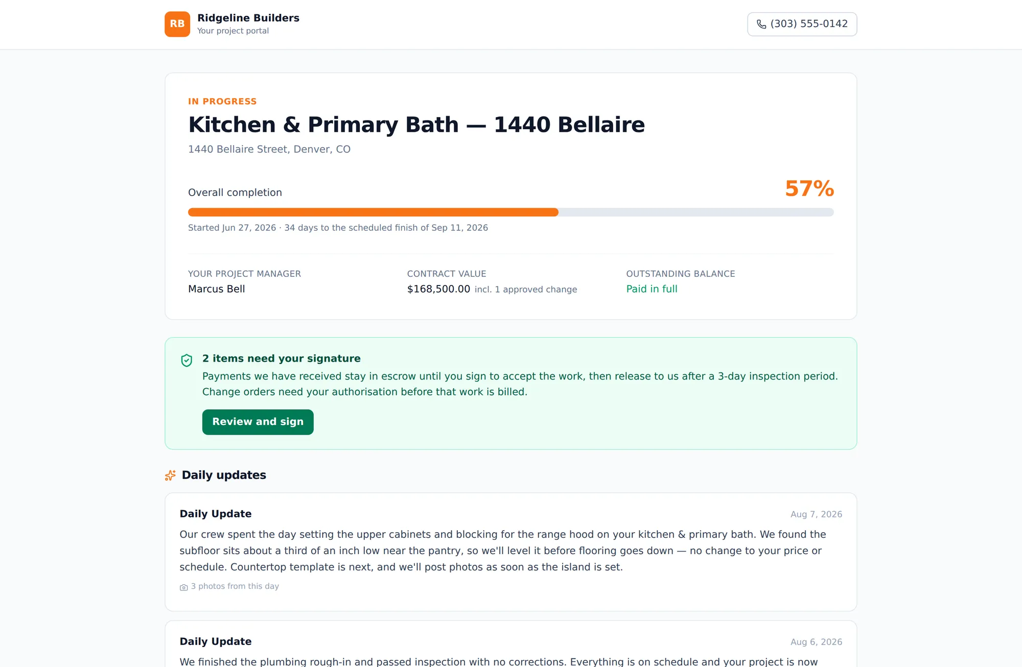 The homeowner's client portal showing progress, the latest update, and photos